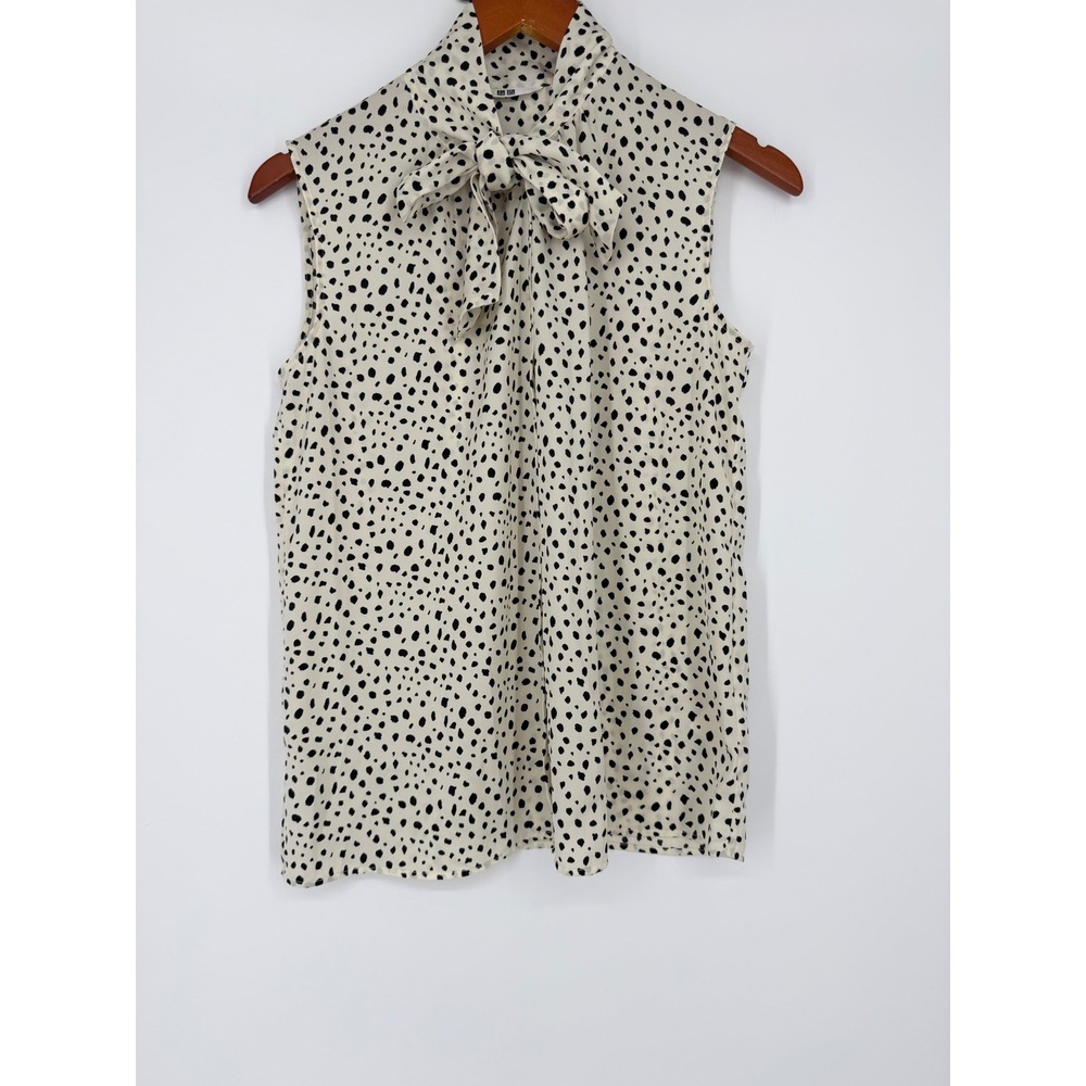 Uniqlo Womens Blouse Medium Polka Dot Bow Neck Office Career Chic Preppy